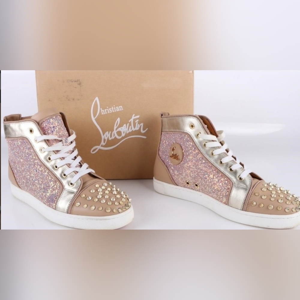 Rare Christian Louboutin Pink Sparkles Louis Strass Spikes High-Top Sneakers EUC